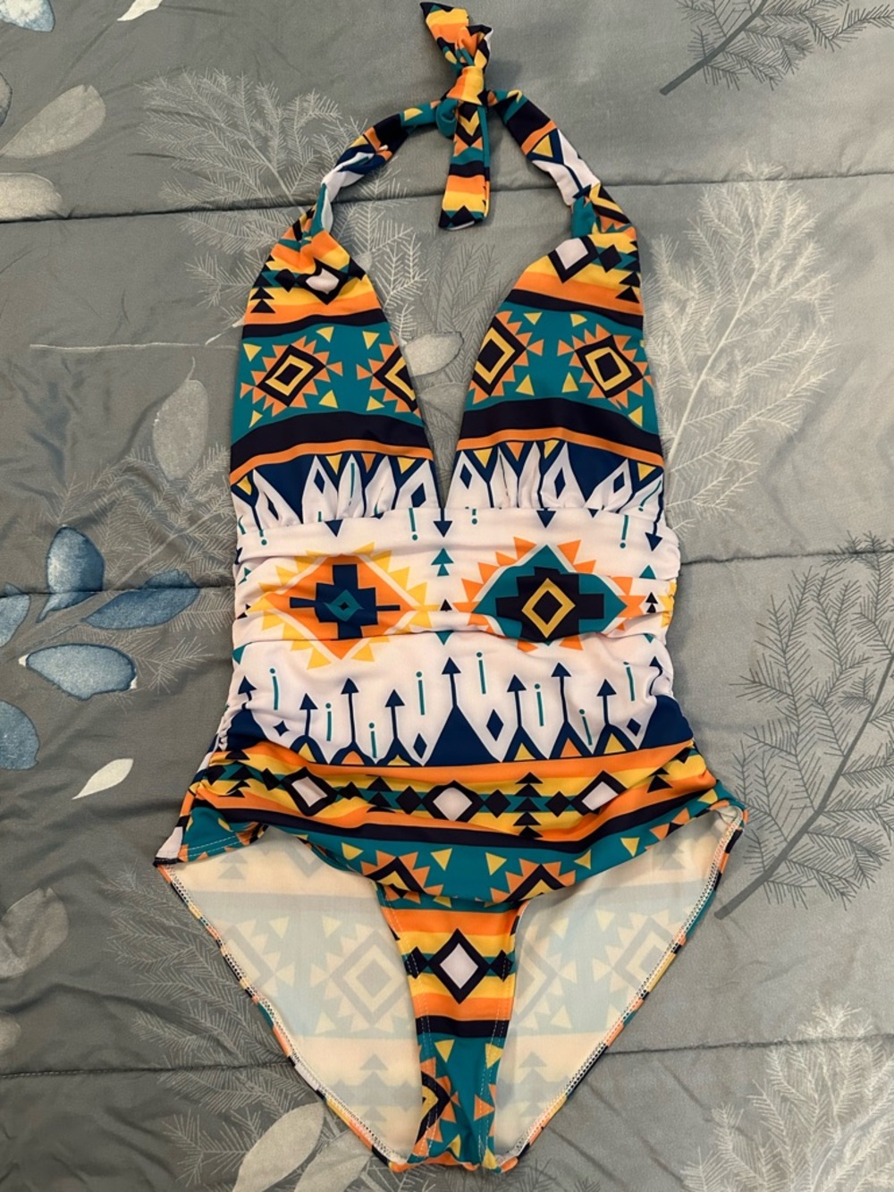 EUC Geometric Halter One-Piece Swimsuit — Teal, Navy & Mustard Sz S